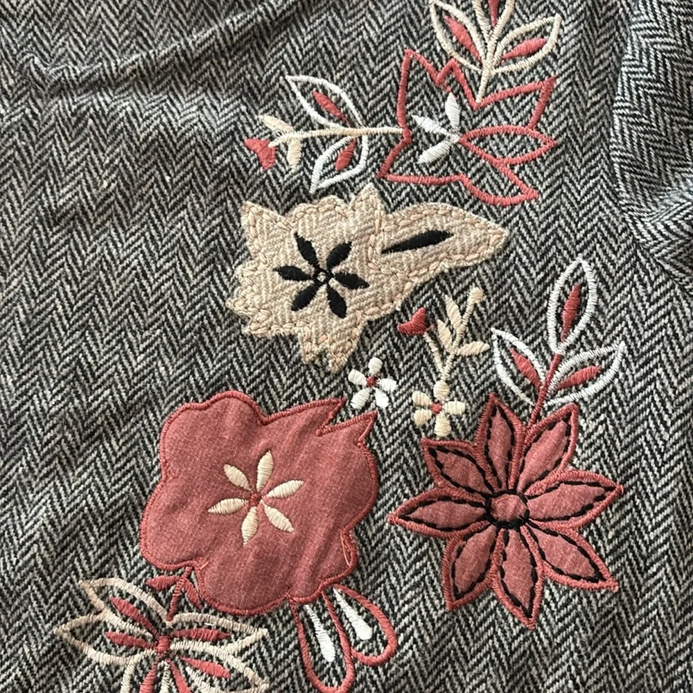 Paper Lace Black/Grey Herringbone Wool Blend Bell Sleeve Embroidered Blouse S - Picture 6 of 6